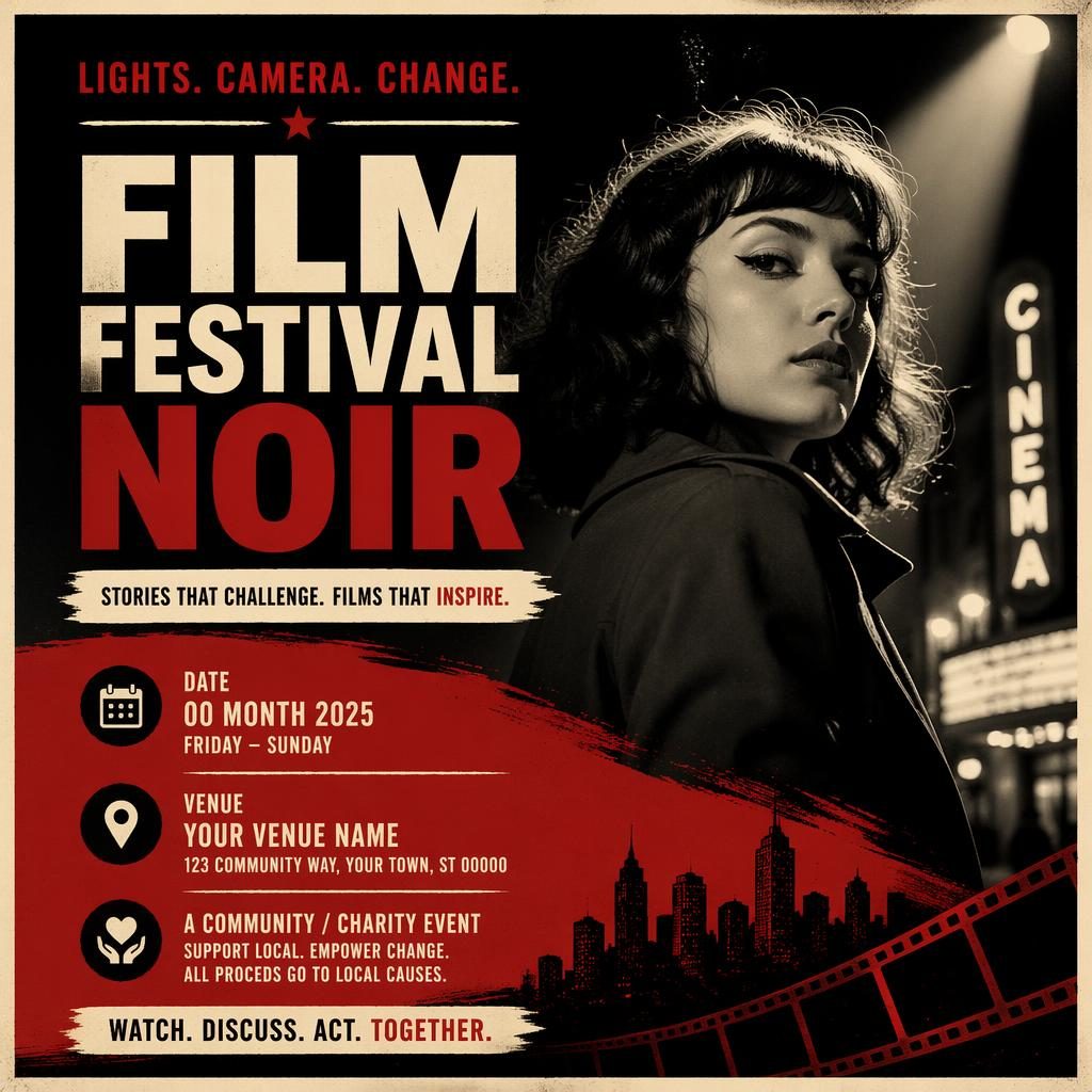 Photographic noir charity film festival poster in cream and red with bold overlay and sharp English placeholder text.