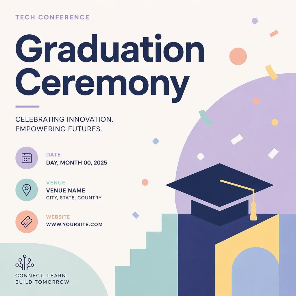 Minimalist Swiss-style graduation ceremony poster with pastel colors, clean English placeholder text, and joyful tech event layout.