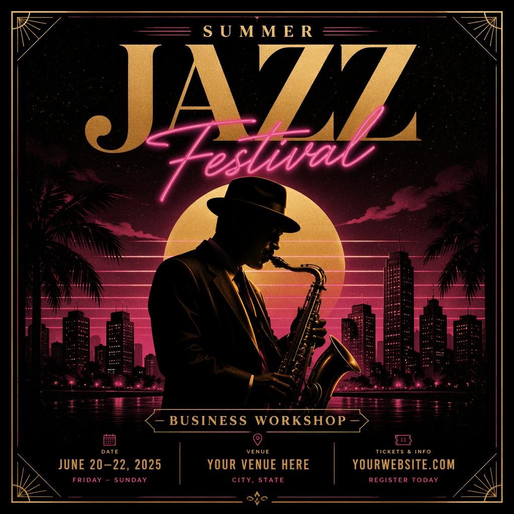 Retro neon event poster for Jazz Festival Summer business workshop in black and gold with readable date and venue placeholders.
