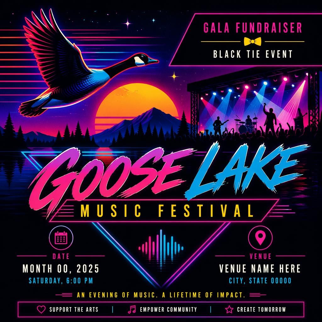 Retro 1980s neon event poster for a black-tie gala fundraiser music festival with bold colors and clear date, venue text.