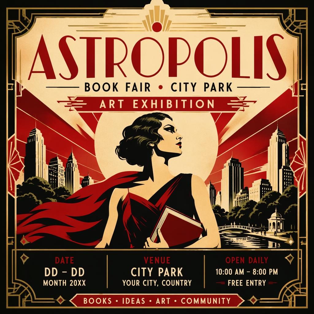 Affiche d’événement art déco crème et rouge pour un salon du livre au parc, texte anglais net pour nom, date et lieu.