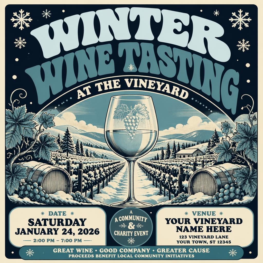 Vintage 1960s-style winter event poster for a vineyard wine tasting charity event with icy blue palette and sharp placeholder text.
