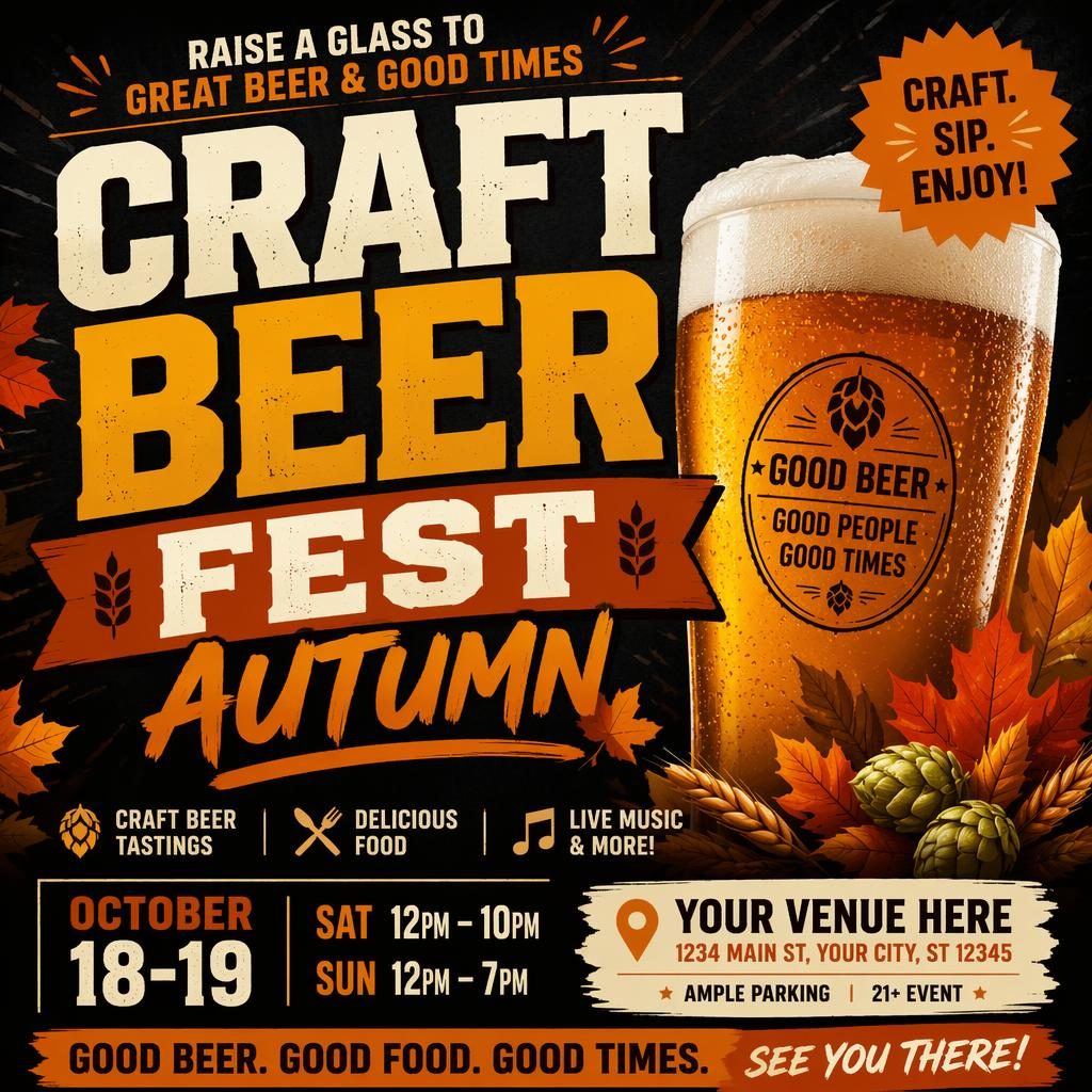 Bold autumn craft beer festival poster with large typography, high-contrast colors, and clean date and venue placeholder text.