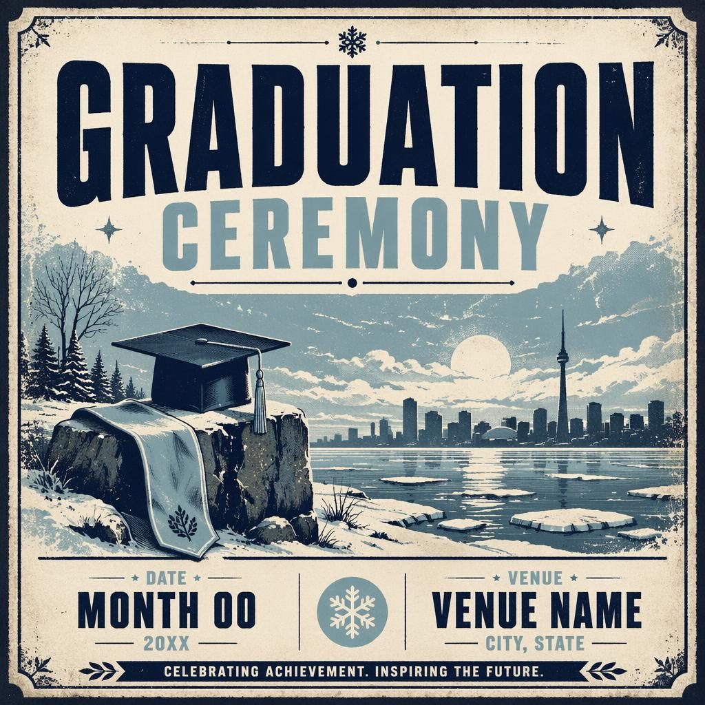 Vintage 1960s-style winter wedding event poster with icy blue palette, festive details, and sharp English placeholder text