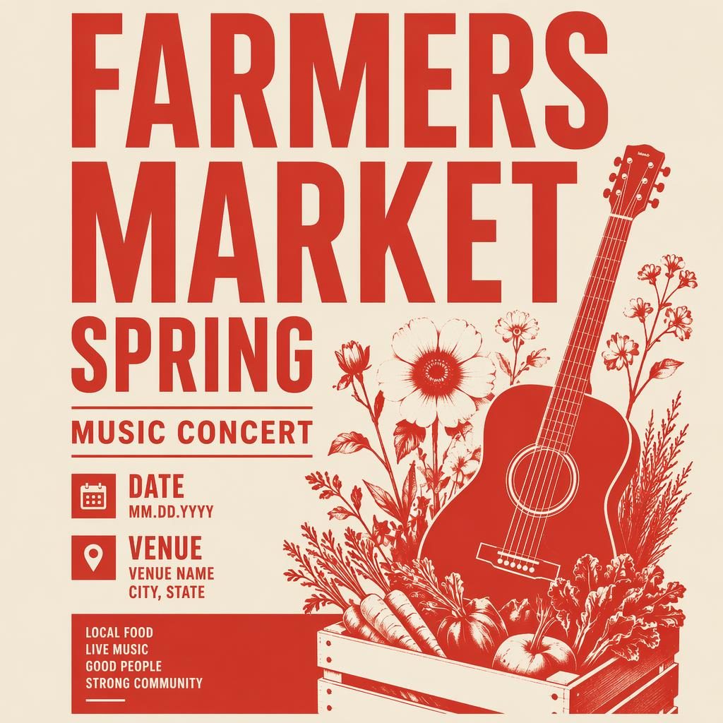 Minimalistisches Eventposter für Farmers Market Spring mit creme-roter Swiss-Typografie und Platzhaltern für Name, Datum und Venue.