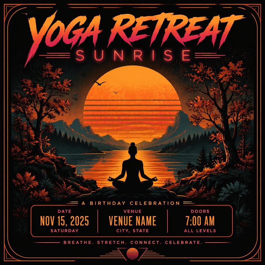 Retro 1980s neon event poster for a yoga retreat sunrise party with dark autumn rust tones and clean placeholder text.