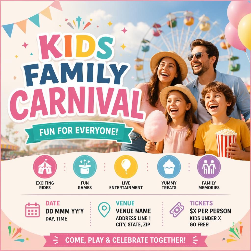 Photographic holiday carnival poster with smiling kids and families, pastel colors, festive overlays, and clean event text placeholders.