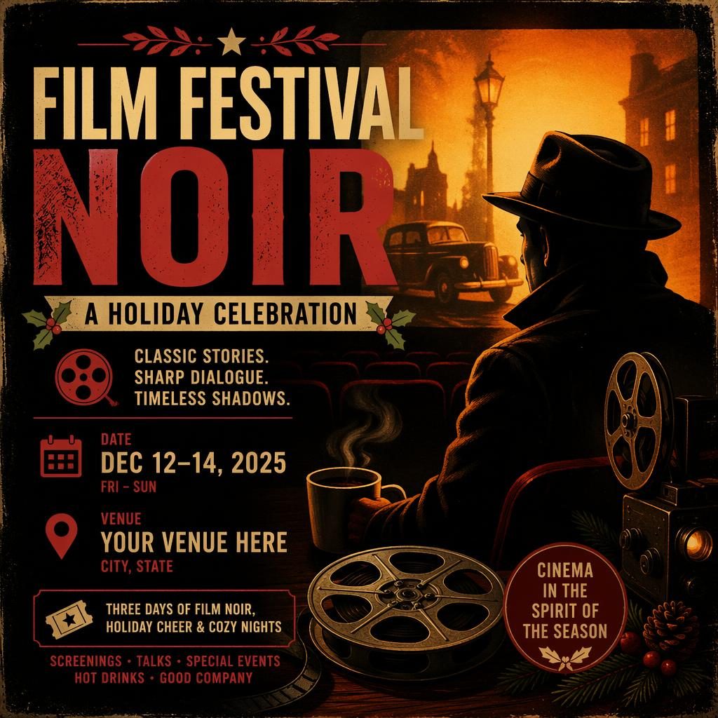 Grunge-style film festival noir event poster with a cozy warm sunset palette, sharp placeholder text, and print-ready layout.