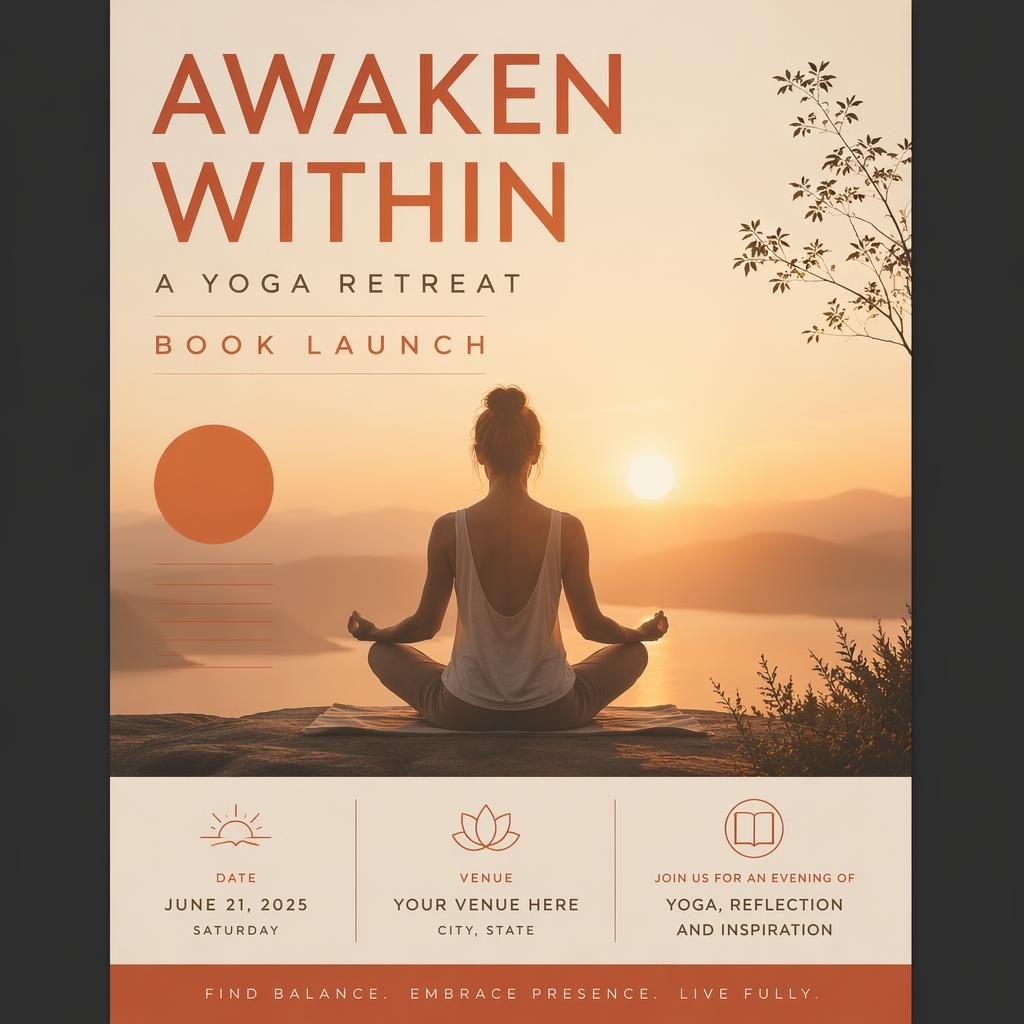 Minimalist Swiss-style event poster with a sunrise yoga scene, warm sunset tones, and clean English placeholder text.