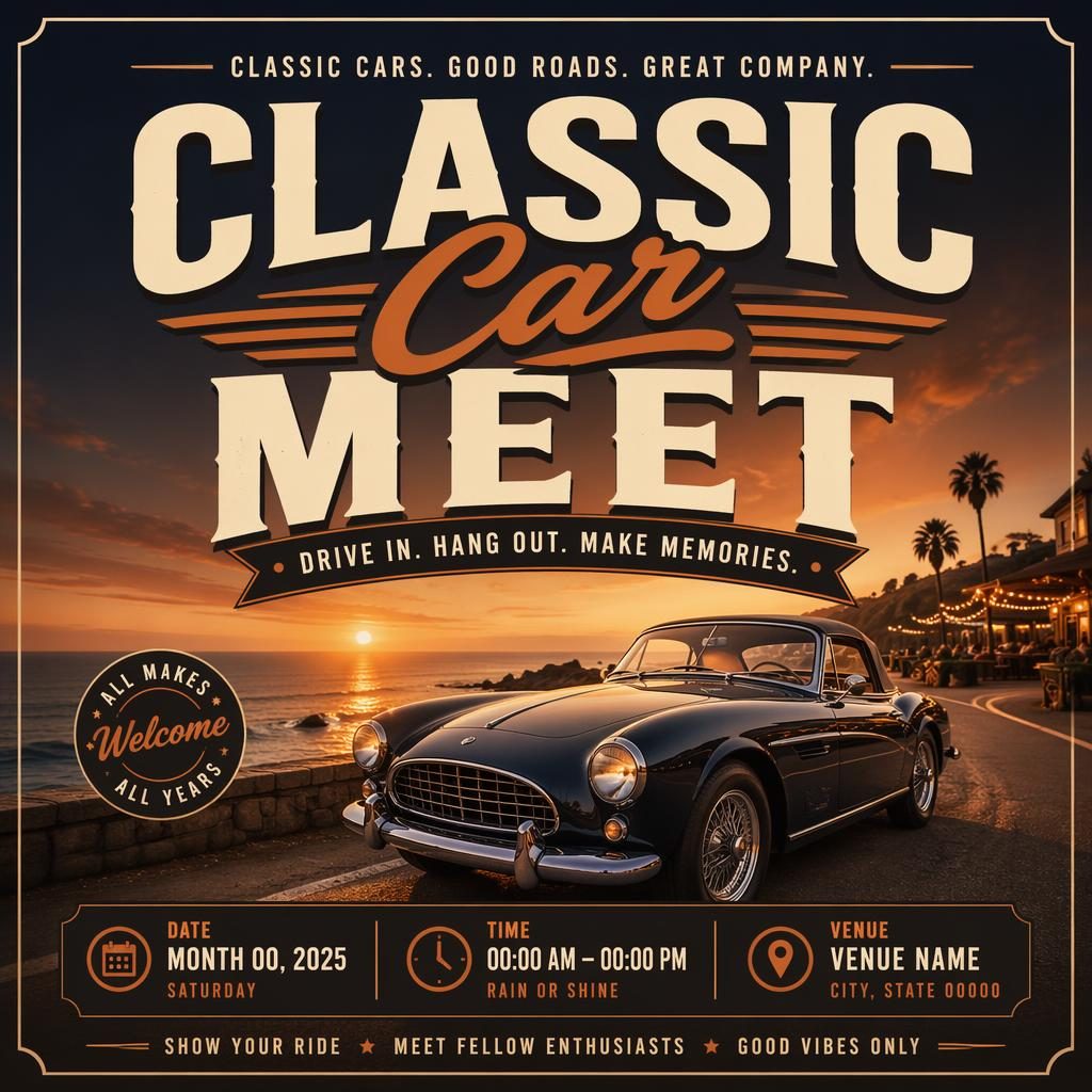 AI event poster showing a classic car meet with bold typography, warm sunset tones, cozy intimate mood, and clean date venue placeholders.