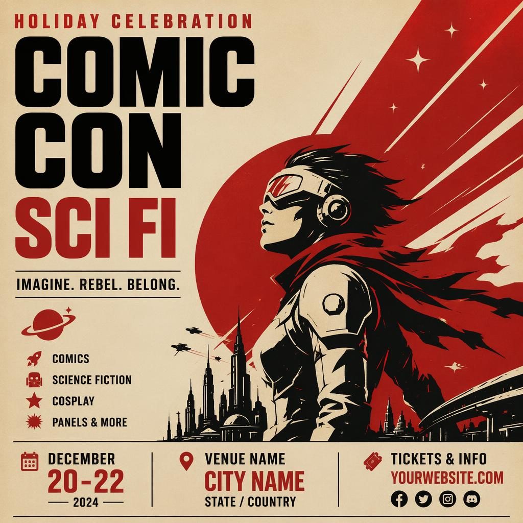 Minimalist Swiss-style sci-fi comic con holiday event poster in cream and red with bold typography and clean placeholders.