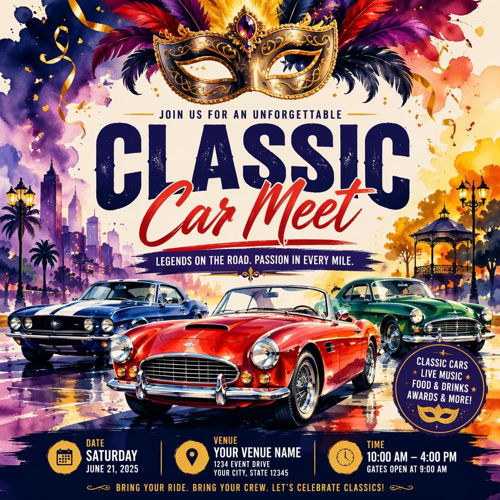 Watercolor event poster for a classic car meet with vintage sports cars, bold festive colors, and clean placeholder text.