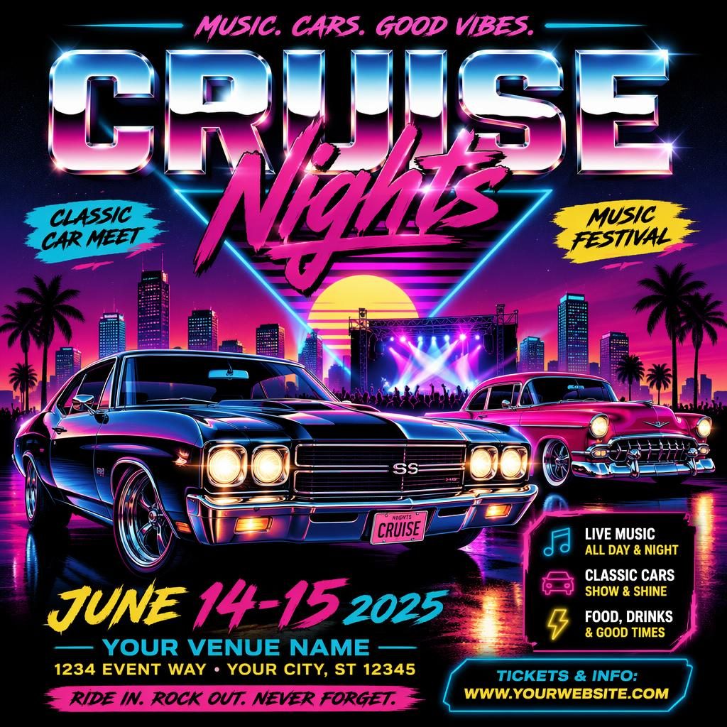 Retro 1980s neon event poster for a classic car meet music festival with bold cars, sharp English placeholder text, and vivid colors.