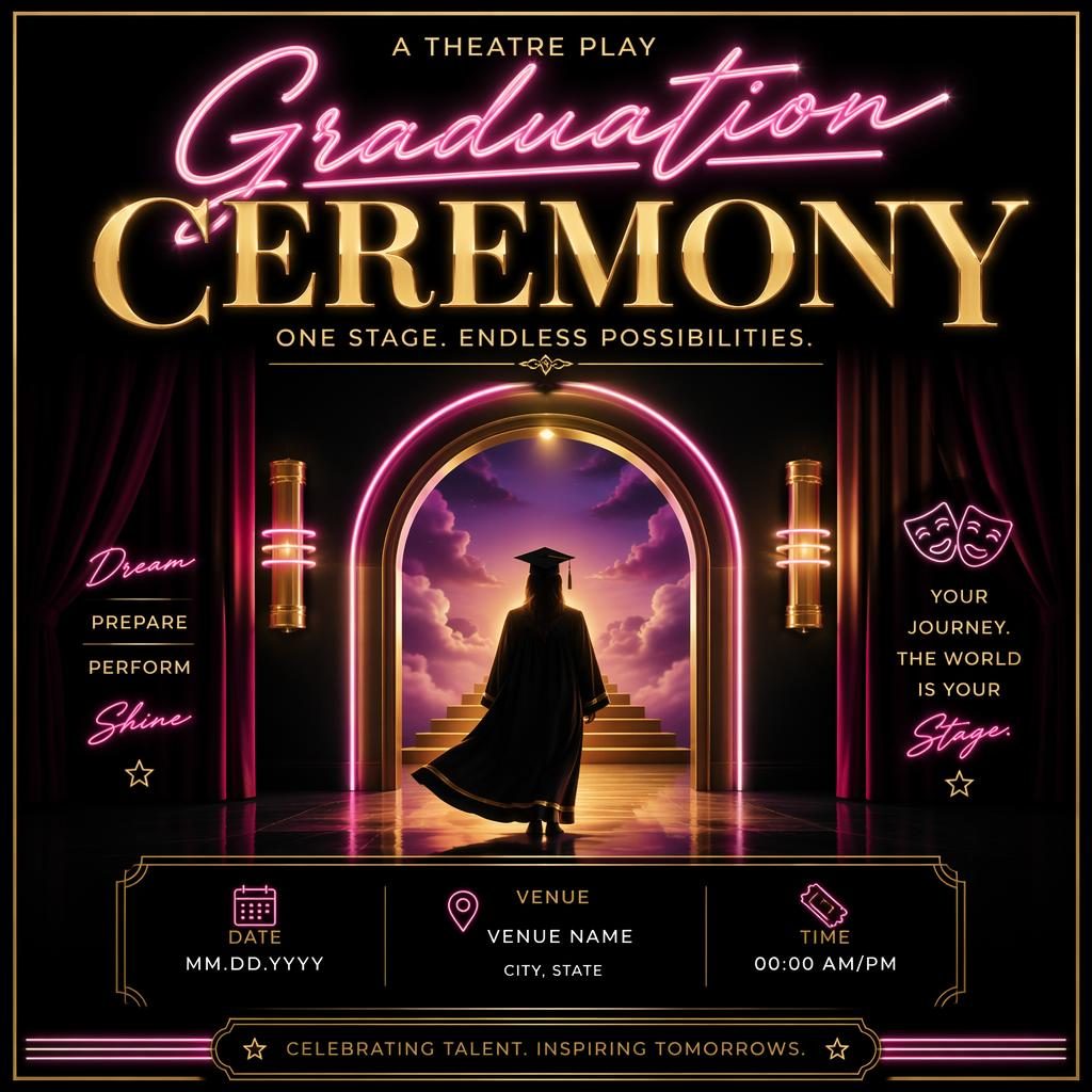Retro 1980s neon event poster for a graduation ceremony theatre play in black and gold with elegant placeholder text.