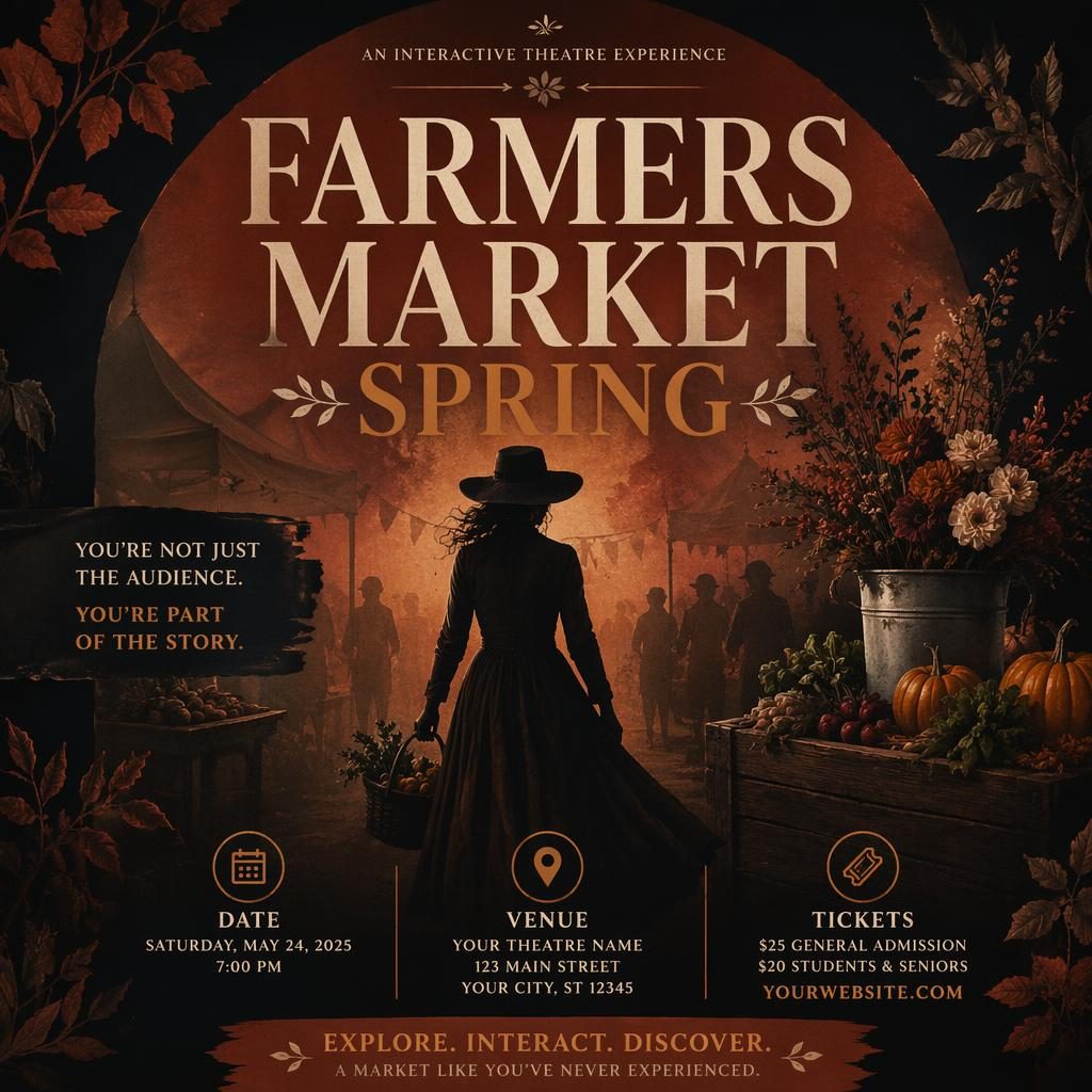 Modern editorial event poster for Farmers Market Spring theatre play with dark mysterious mood, rust autumn palette, and clean placeholder text.
