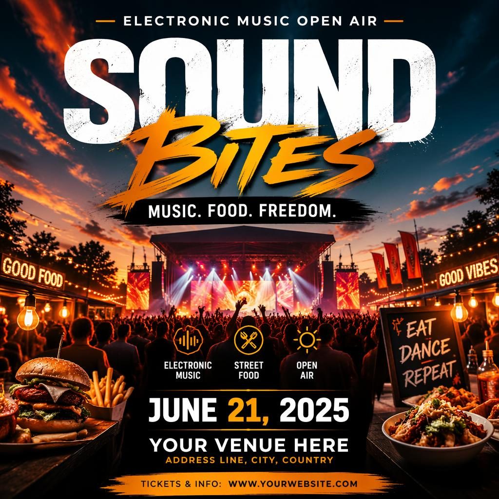 Póster fotográfico de festival gastronómico al aire libre con música electrónica, colores intensos y texto de evento legible.