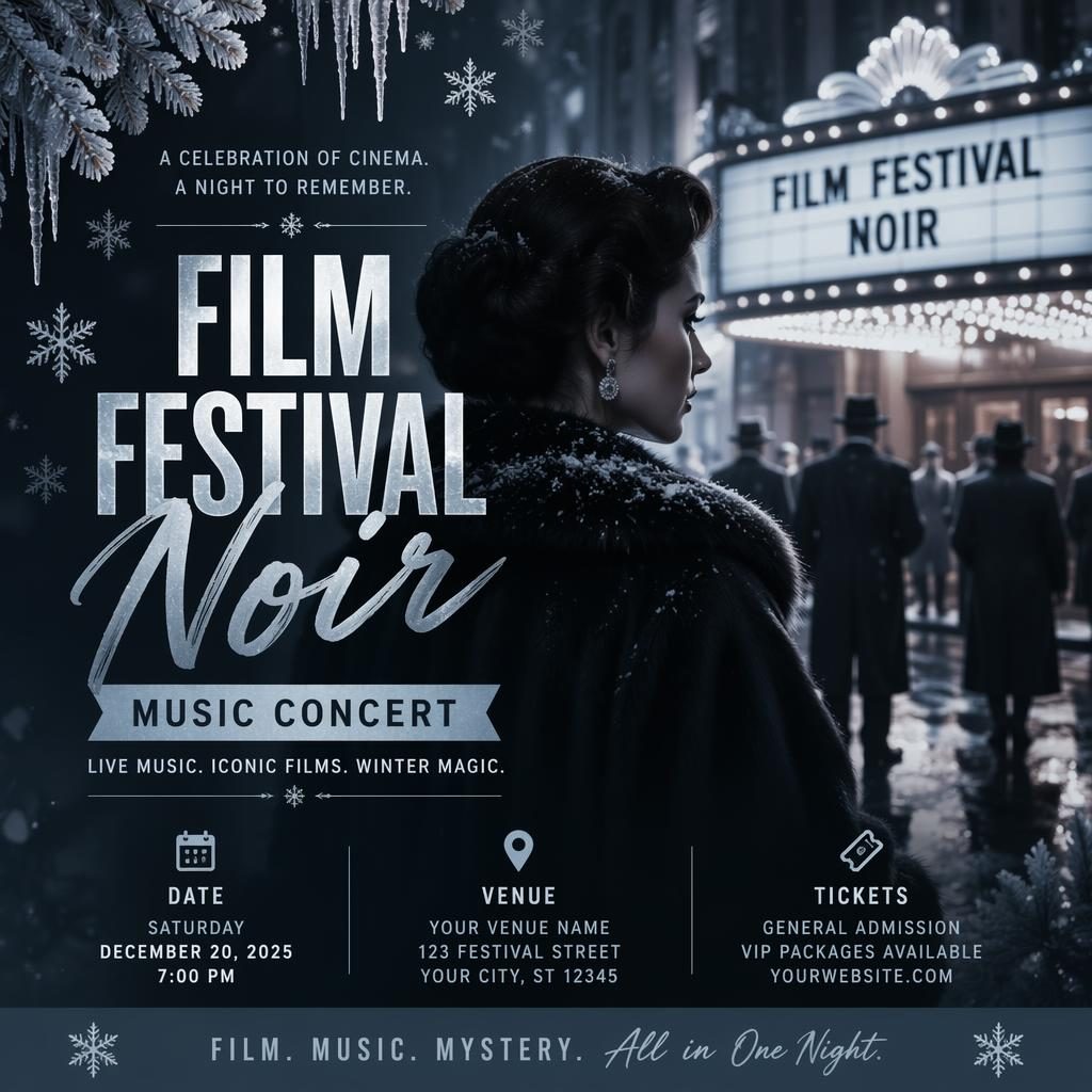 Photographic noir-style winter concert poster with icy blue palette, festive overlay, and sharp English placeholder text