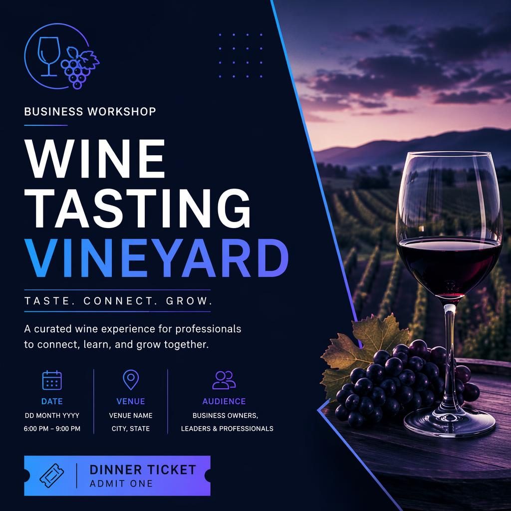Minimalist Swiss-style event poster for a wine tasting vineyard business workshop with cool neon palette and clean placeholder text.