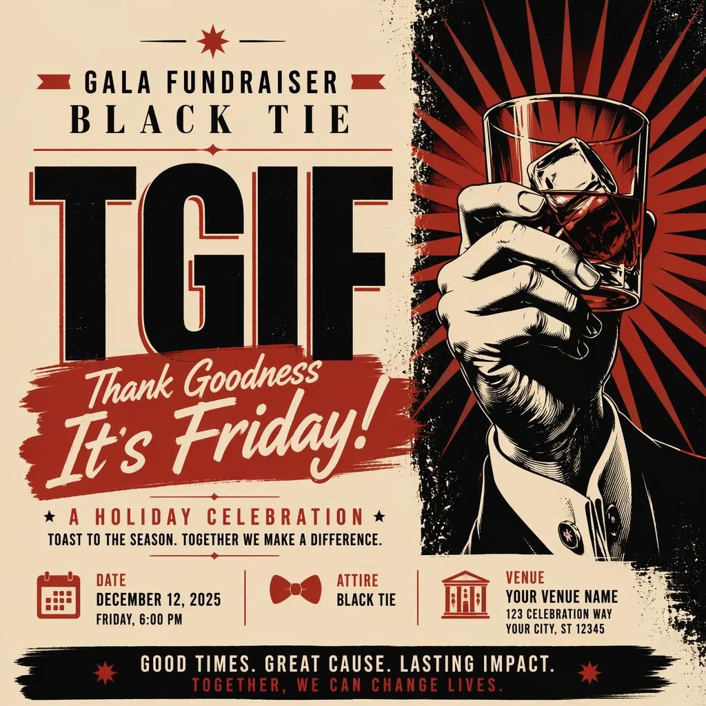 Vintage cream and red gala fundraiser poster with bold typography, black-tie holiday theme, and clean event placeholders.
