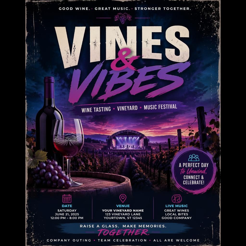 Grunge-style event poster for a wine tasting vineyard music festival with neon colors and sharp placeholder text for name, date, and venue.