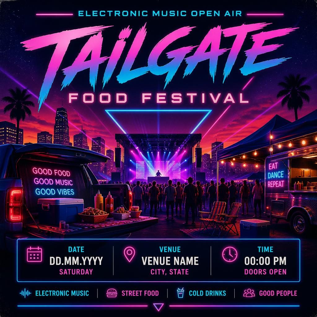 Retro 1980s neon event poster for an electronic music open-air food festival with sharp English placeholder text.