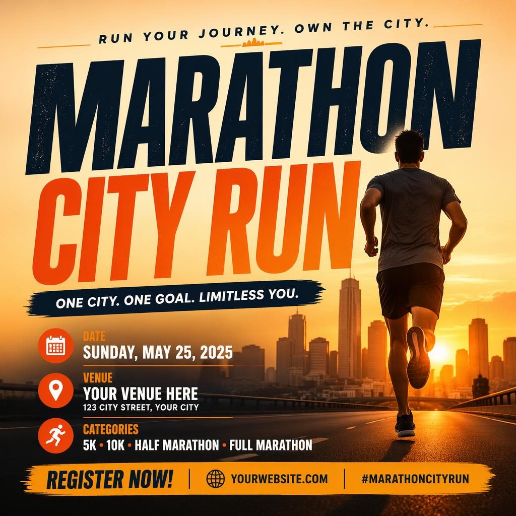 Bold event poster for marathon city run with warm sunset colors, cozy mood, sharp placeholder date and venue text.