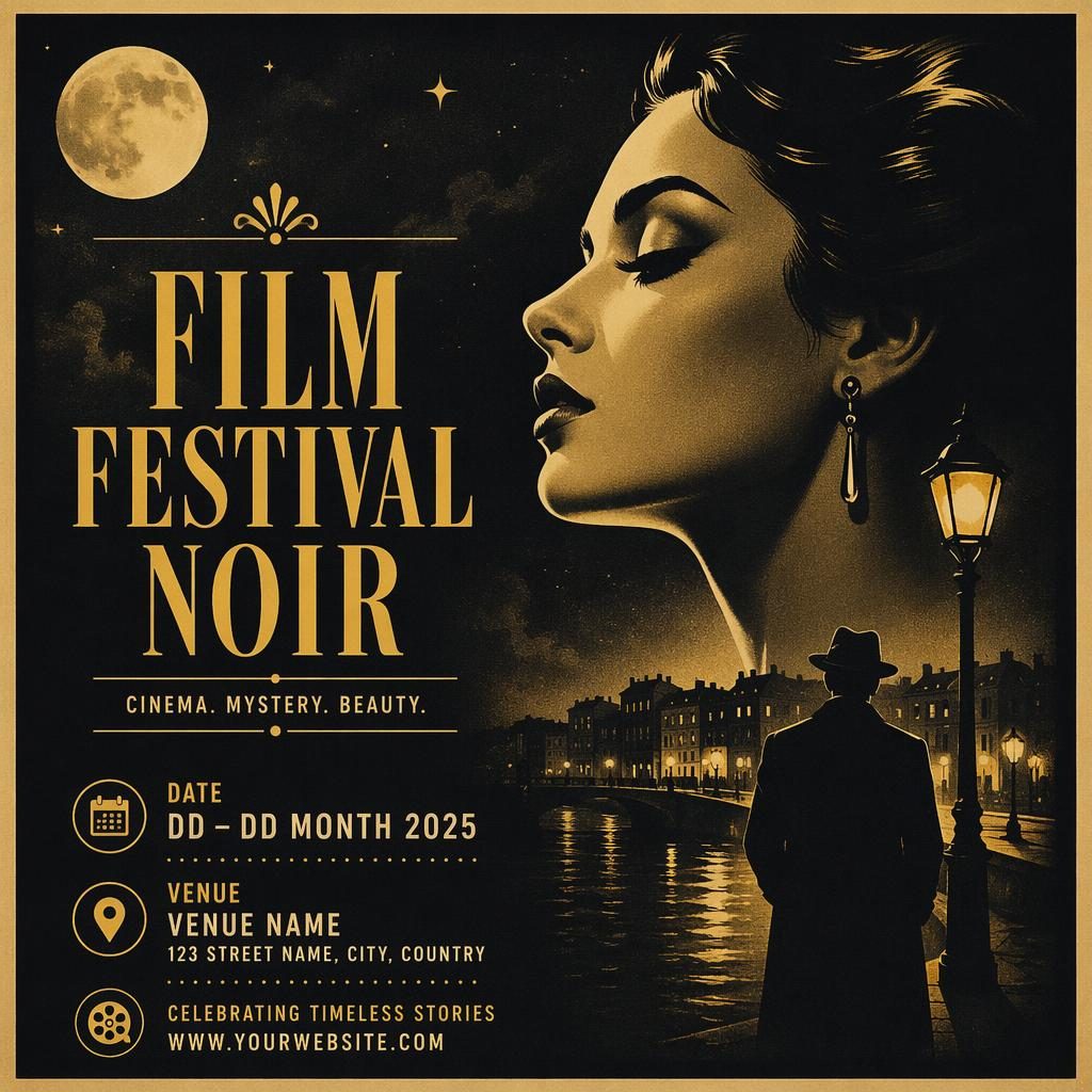 Affiche événement vintage années 1960 noir et or, ambiance romantique, avec texte de nom, date et lieu lisible en anglais.