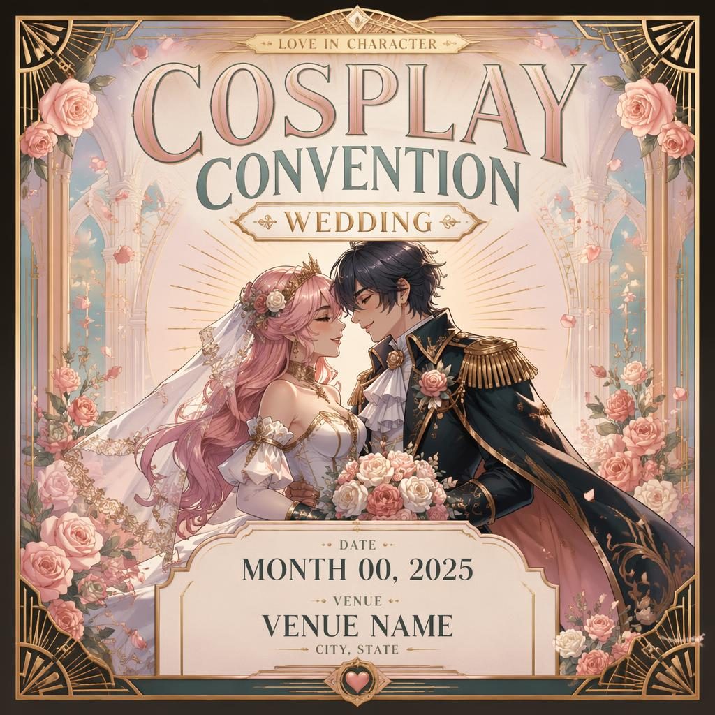 Art deco luxury event poster for a cosplay convention wedding in soft pastel colors with clean English placeholder text.