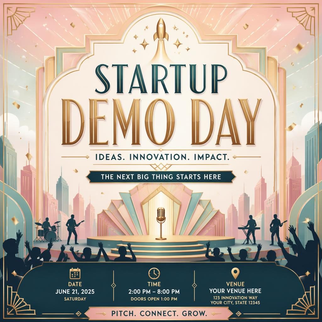 Art deco luxury event poster for a startup demo day music concert with pastel colors and sharp English placeholder text.