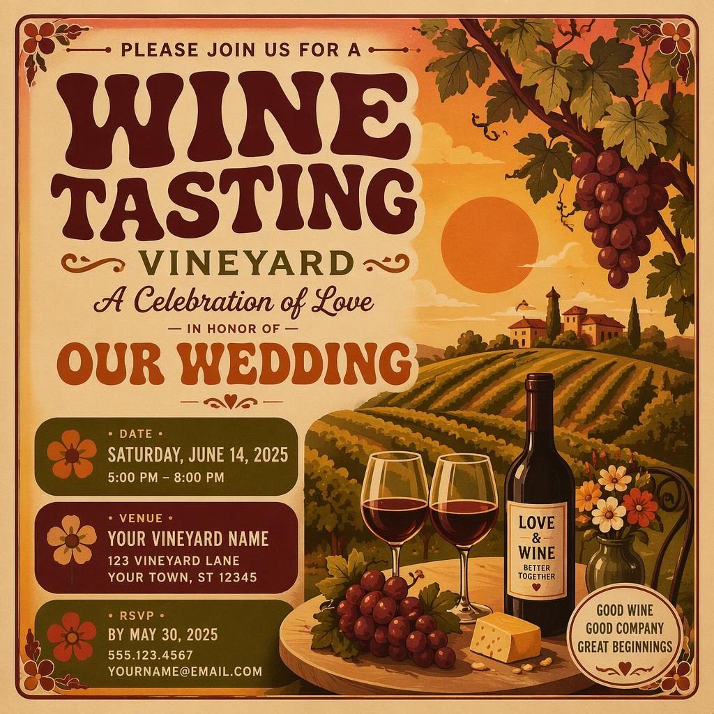 Vintage 1960s-style wedding wine tasting vineyard poster with warm sunset colors and clean event, date, venue text.