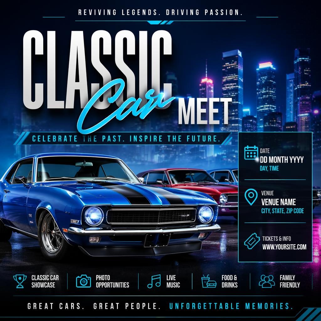 Modern editorial event poster for a classic car meet with neon cool tones, sharp placeholder text for event name, date, and venue.