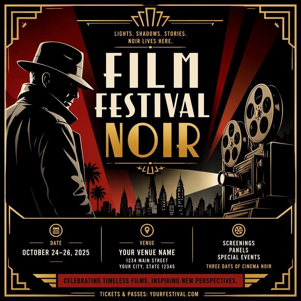 Art deco luxury sports event poster with film festival noir styling, bold high-contrast colors, and clean placeholder text.