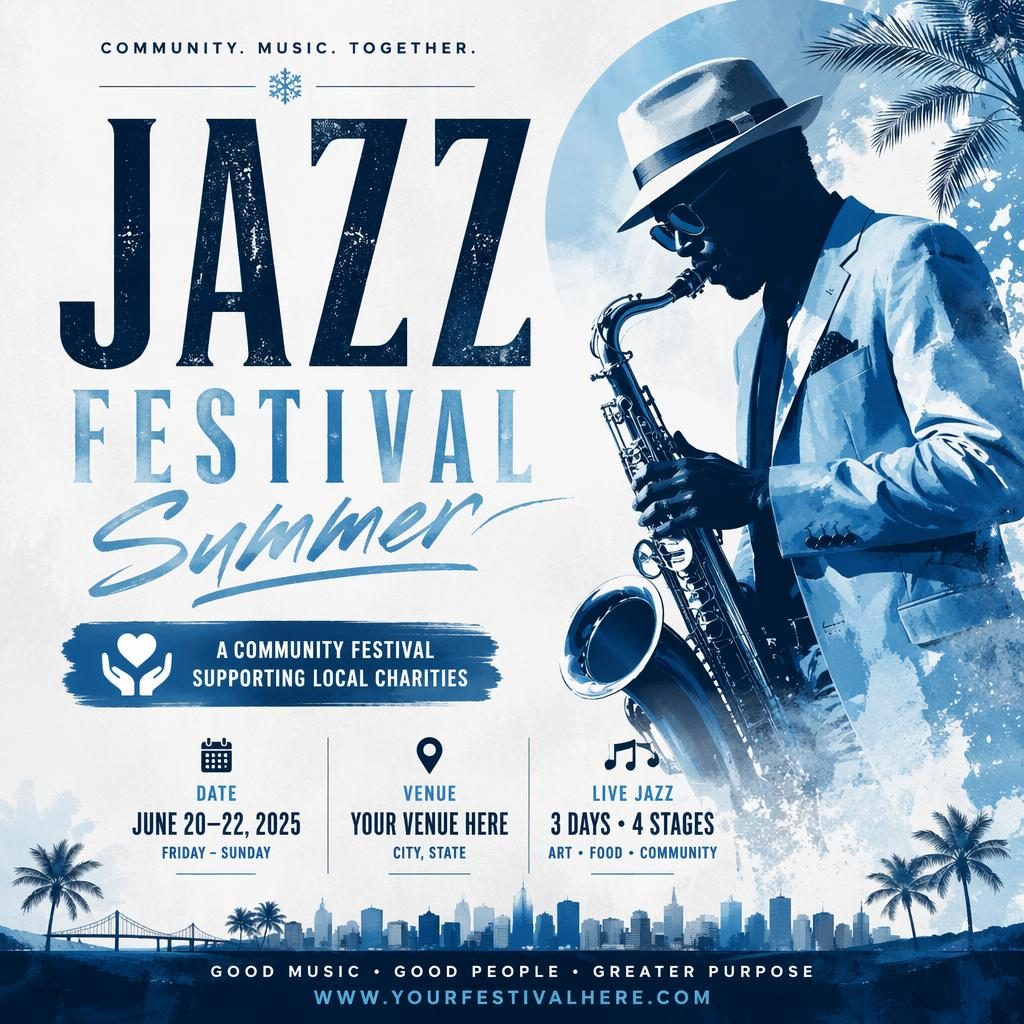 Modern editorial jazz festival event poster with winter ice palette, festive layout, and clean date and venue placeholder text.