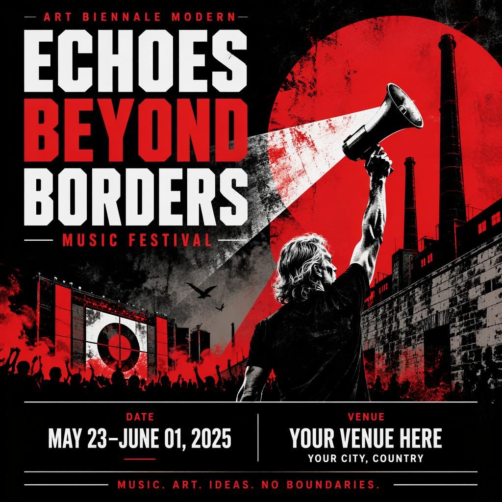 Grunge-style music festival poster for Art Biennale Modern with bold high-contrast colors and clean event text placeholders.