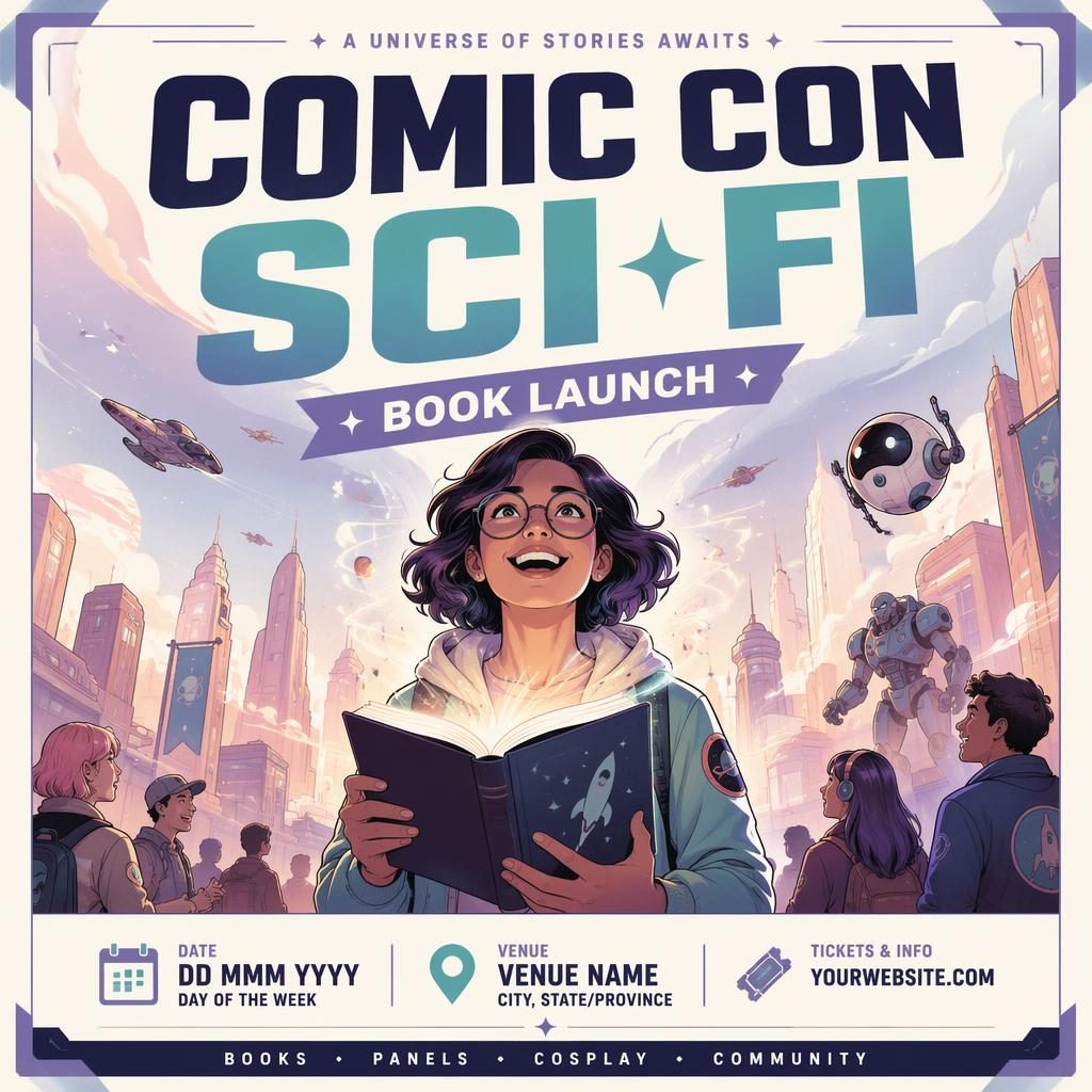 Modern sci-fi comic con book launch poster with pastel colors, joyful editorial layout, and sharp English placeholder text.