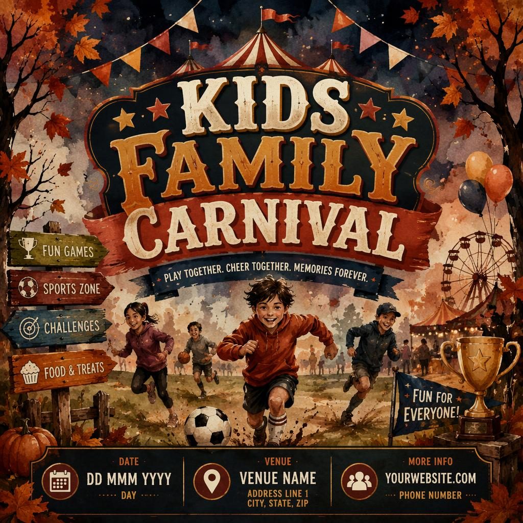 Watercolor event poster for a kids family carnival sports event with autumn rust tones, dark festive mood, and clear placeholder text.