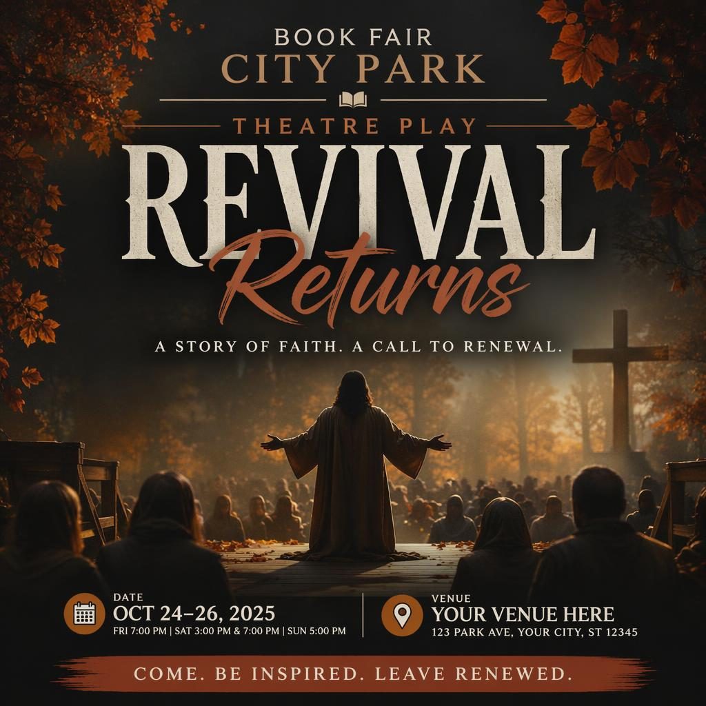 Photographic theatre play event poster set in a city park book fair scene with dark autumn tones and clean placeholder text.