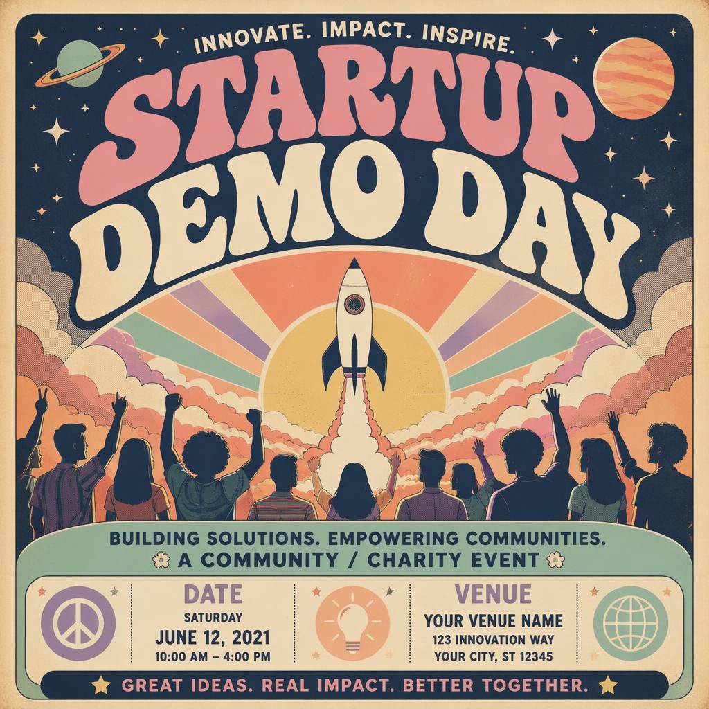 Vintage 1960s-style startup demo day poster with pastel colors, joyful layout, and clean date and venue placeholder text.