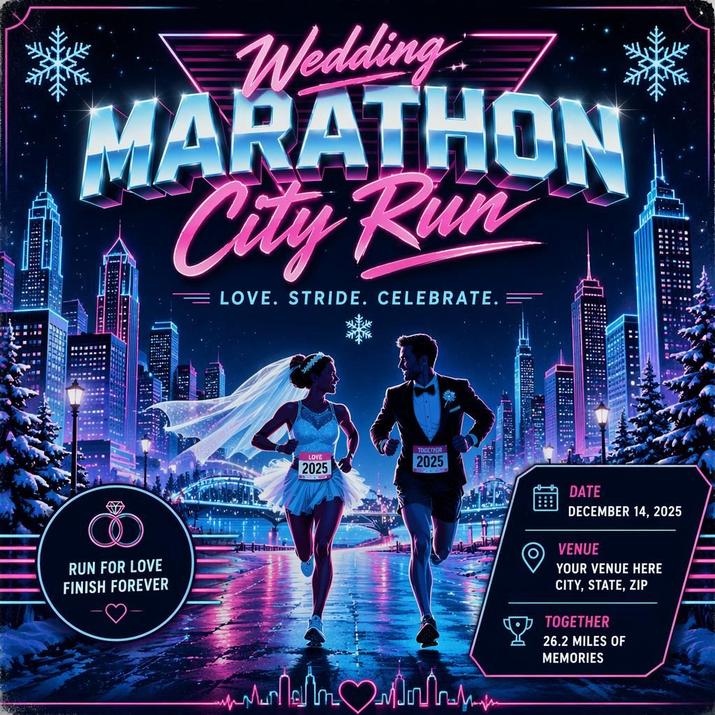 Retro 1980s neon event poster for a marathon city run wedding, with winter ice colors and sharp English placeholder text.