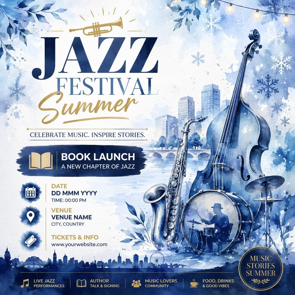 Watercolor festive event poster with winter ice palette, jazz festival summer title, and clean date and venue placeholders.