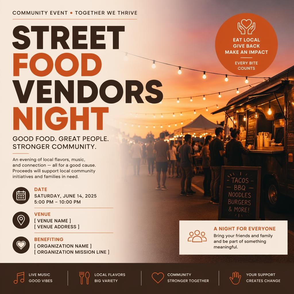 Minimalist Swiss-style event poster for a street food vendors night with warm sunset tones and clean placeholder text.