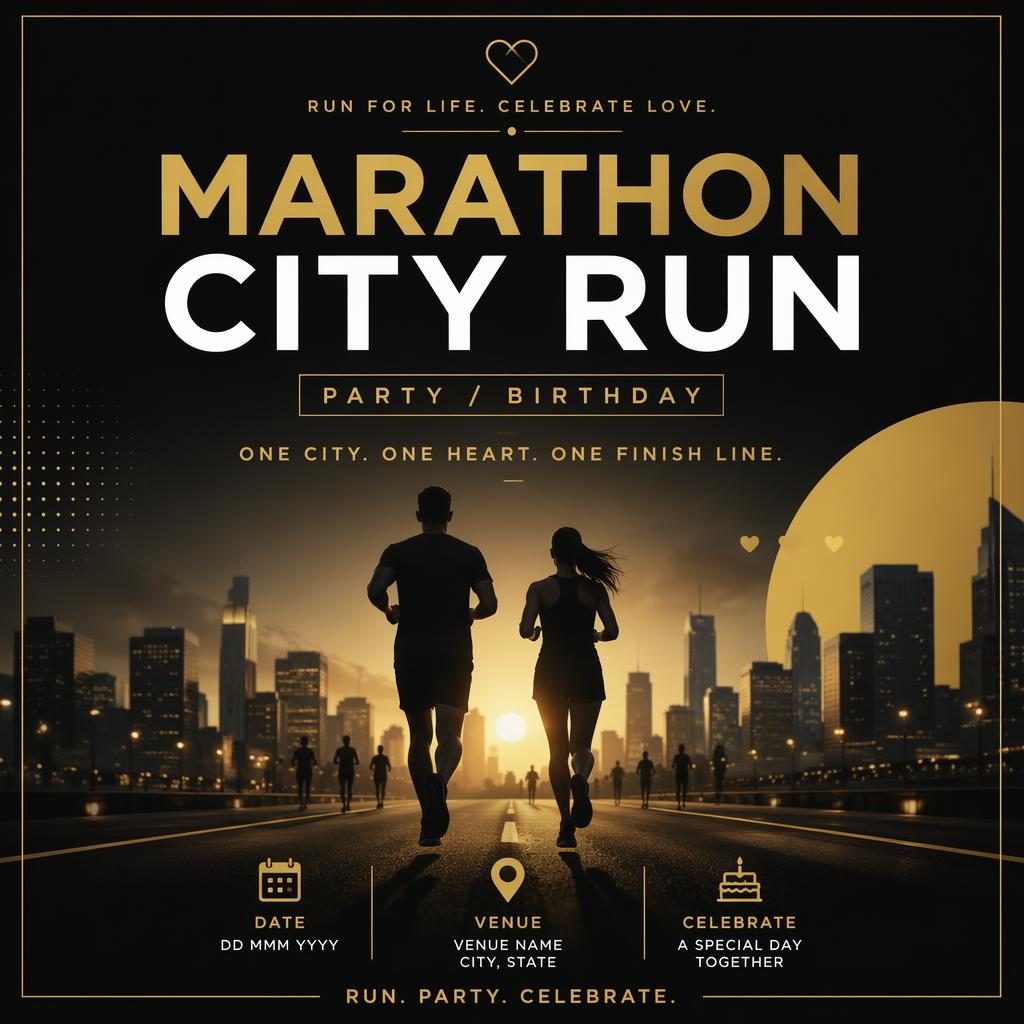 Minimalist Swiss-style event poster for Marathon City Run in black and gold with dreamy romantic mood and clean placeholder text.