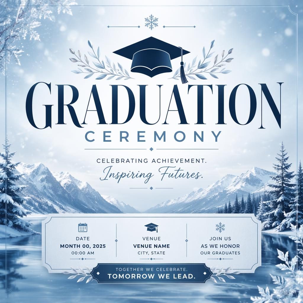 Affiche d’événement moderne pour une cérémonie de remise des diplômes, palette glacée hivernale et texte factice net.