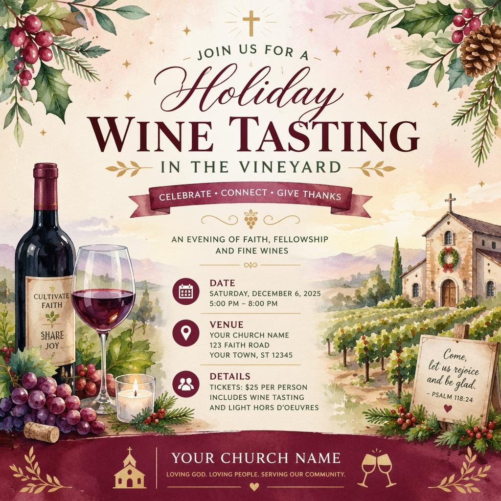 Watercolor holiday event poster for a wine tasting vineyard with festive pastel grapes, vines, glasses, and clean text placeholders.