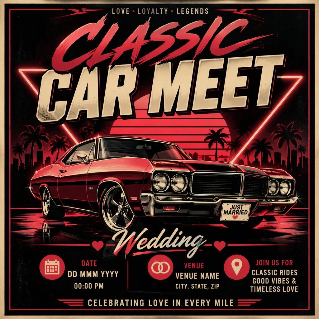 Retro 1980s neon wedding poster for a classic car meet with vintage cream and red colors and clean event text placeholders