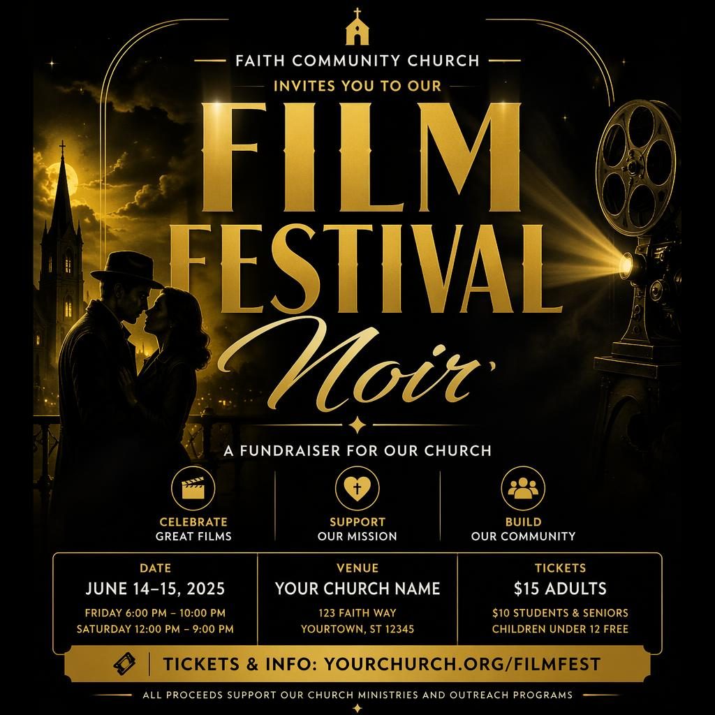 Black and gold noir-style sports event poster with bold typography, dreamy romantic mood, and clean date and venue placeholders.