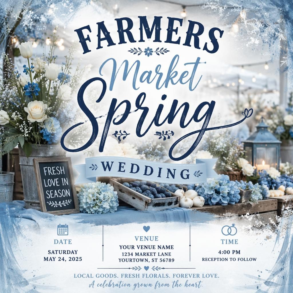 Photographic wedding event poster for a spring farmers market with icy winter palette, festive overlay, and clean placeholder text.