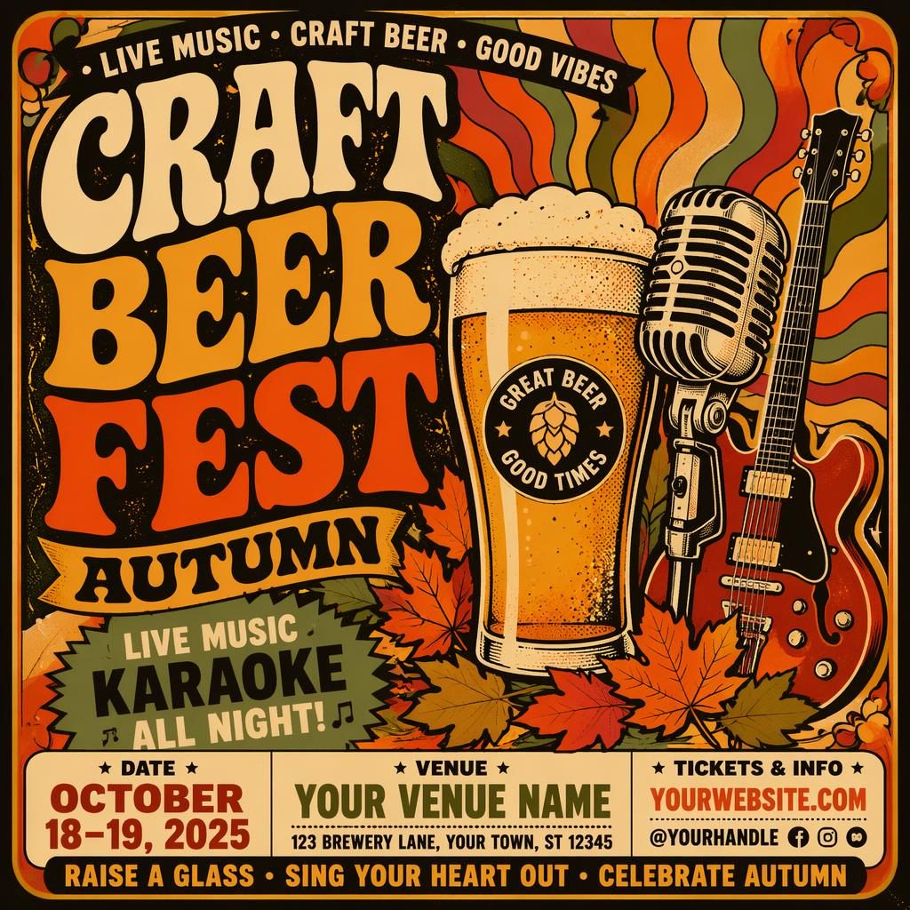 Vintage 1960s-style autumn craft beer music festival poster with bold high-contrast colors and clean event text placeholders.
