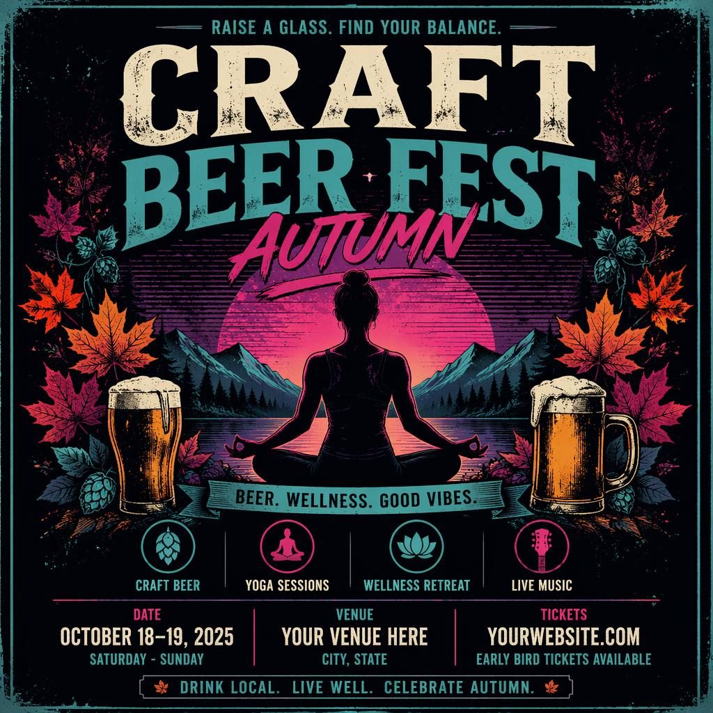 Neon grunge event poster for an autumn craft beer fest wellness retreat with clean date and venue placeholder text.