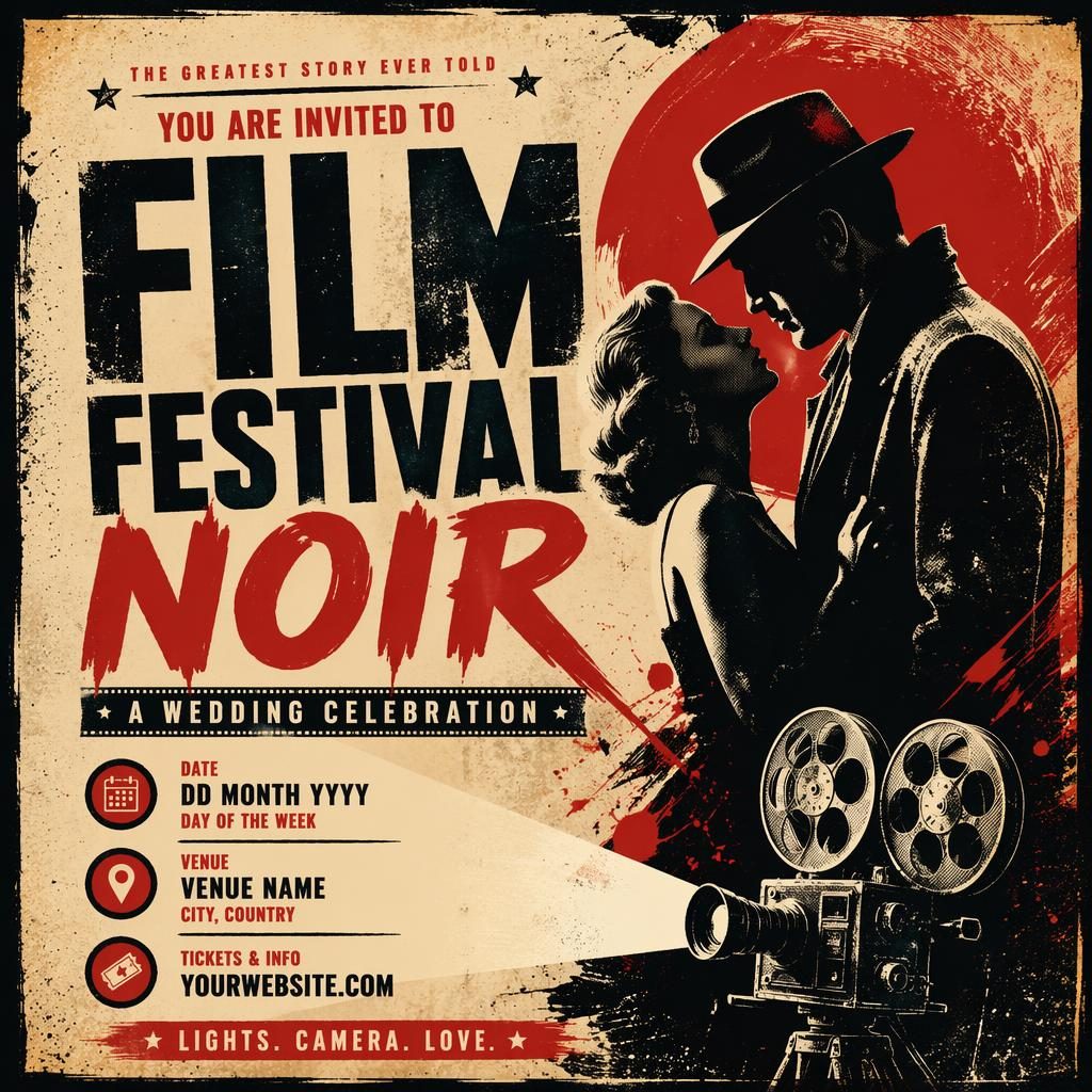 Grunge svatební plakát ve stylu film noir s krémovo-červenou paletou a čitelnými anglickými zástupnými texty.